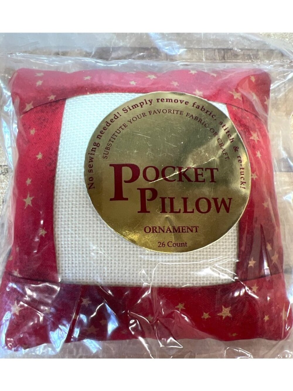 Cross Stitch Pocket Pillow Christmas Ornament 26 Count Red Fabric Gold Stars DIY